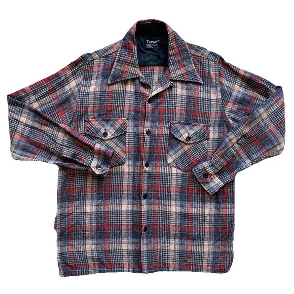 Vintage 70s Loop Collar Flannel Shirt Wool Blend Topaz Plaid Medium Camp - Picture 2 of 7